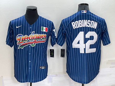 Men's Los Angeles Dodgers #42 Jackie Robinson Navy Mexico Rainbow Cool Base Stitched Baseball Jersey